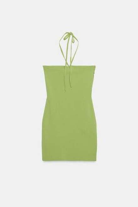 ZARA ТРИКОТАЖНОЕ ПЛАТЬЕ-БАНДО С БУСИНАМИ, ЗЕЛЕНЫЙ