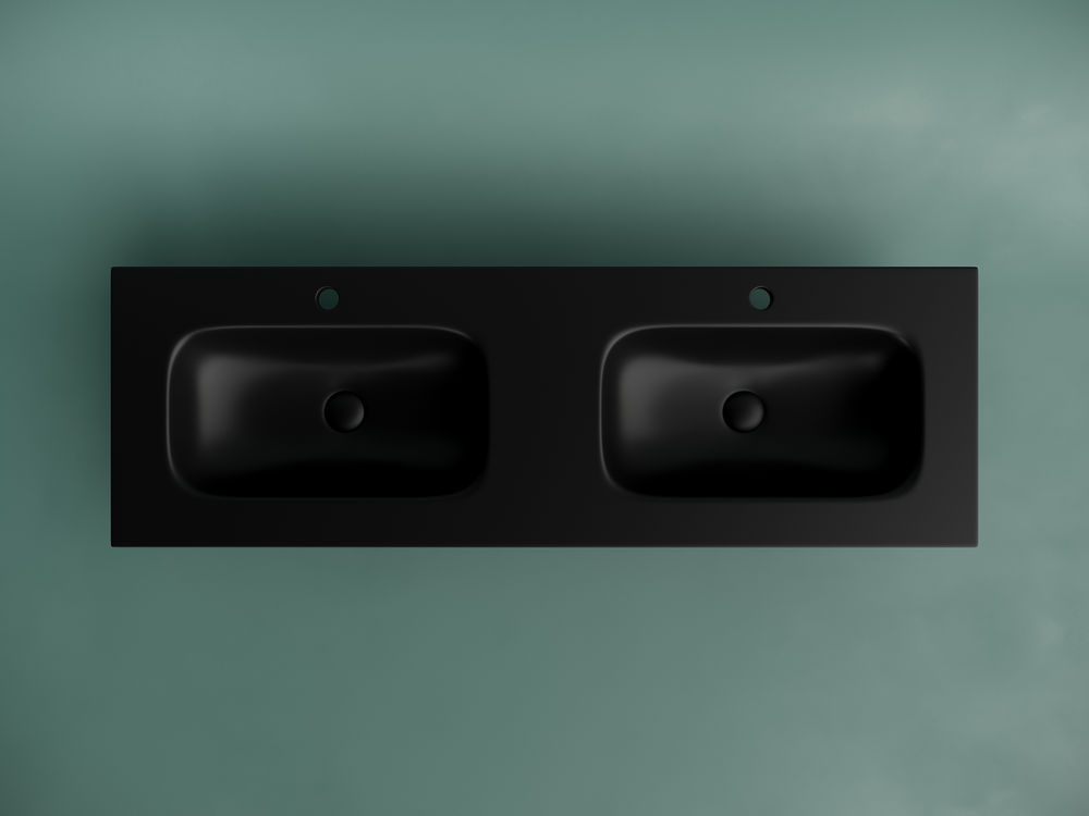 Раковина накладная мебельная CERAMICANOVA Grace прямоугольная 1410x457x137 с двумя чашами и отверстиями под смеситель цвет черный матовый CN7022MB