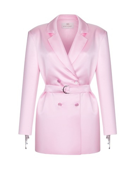 Платье-жакет из атласа с бахромой из камней, светло-розовый