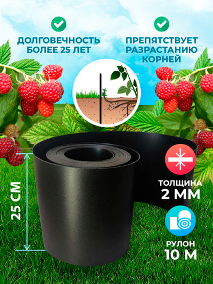Лента бордюрная высота 25 см, толщина 2 мм, в рулоне 10 метров Черный