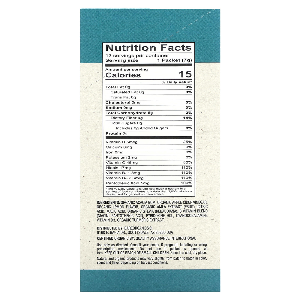 BareOrganics, Средство для улучшения пищеварения, органический лимон, 12 пакетиков в стиках по 7 г (0,25 унции)