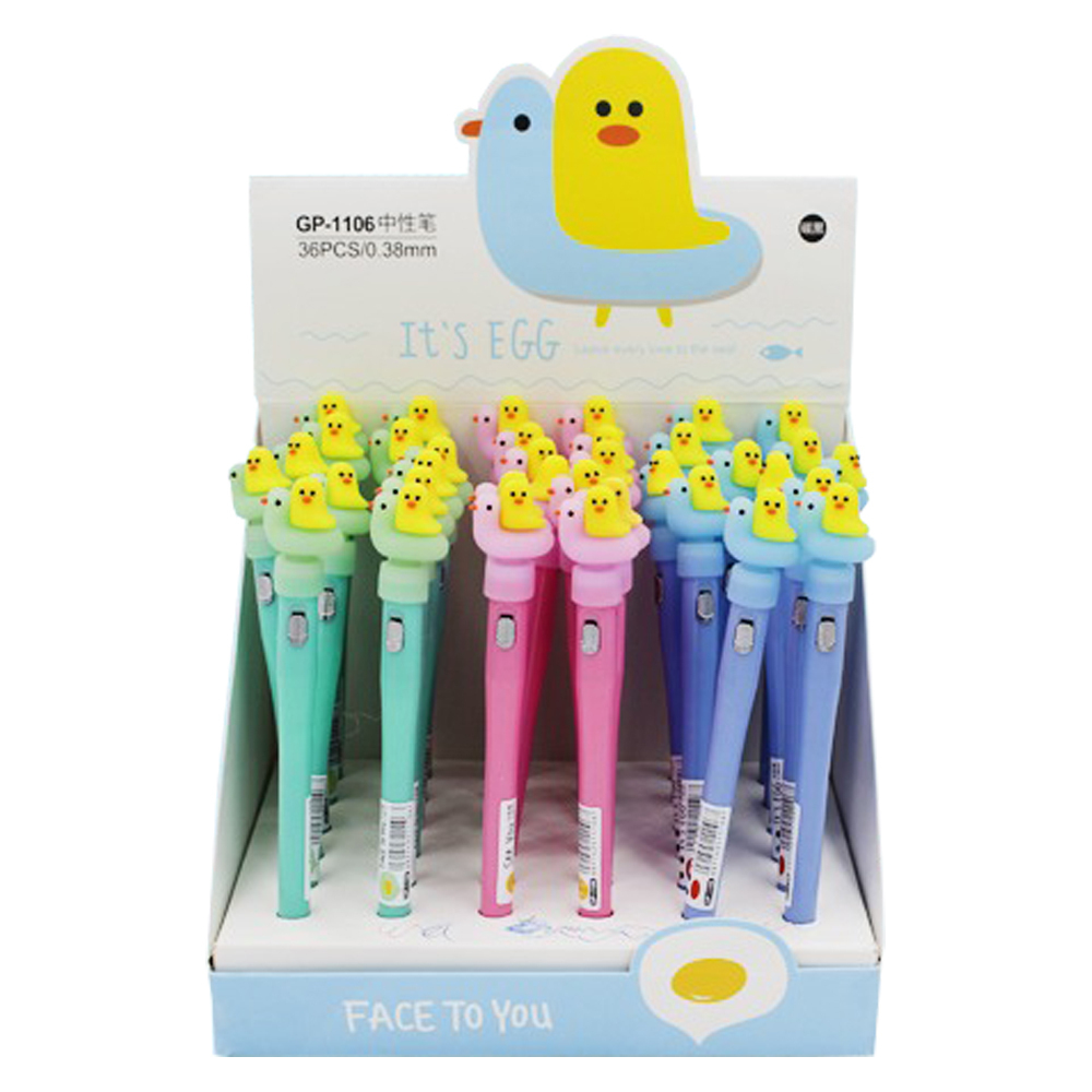 Ручка гелевая, автоматическая, Basir, синие чернила, с фонариком, серия "Цыплята", с резиновой фигуркой, 36 шт