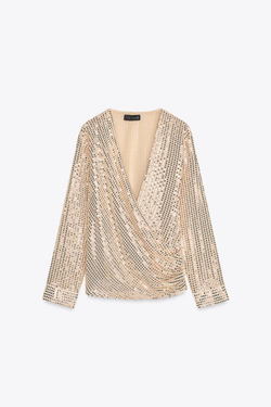 ZARA БЛУЗА С ЗАПÁХОМ И ПАЙЕТКАМИ, ЗОЛОТОЙ
