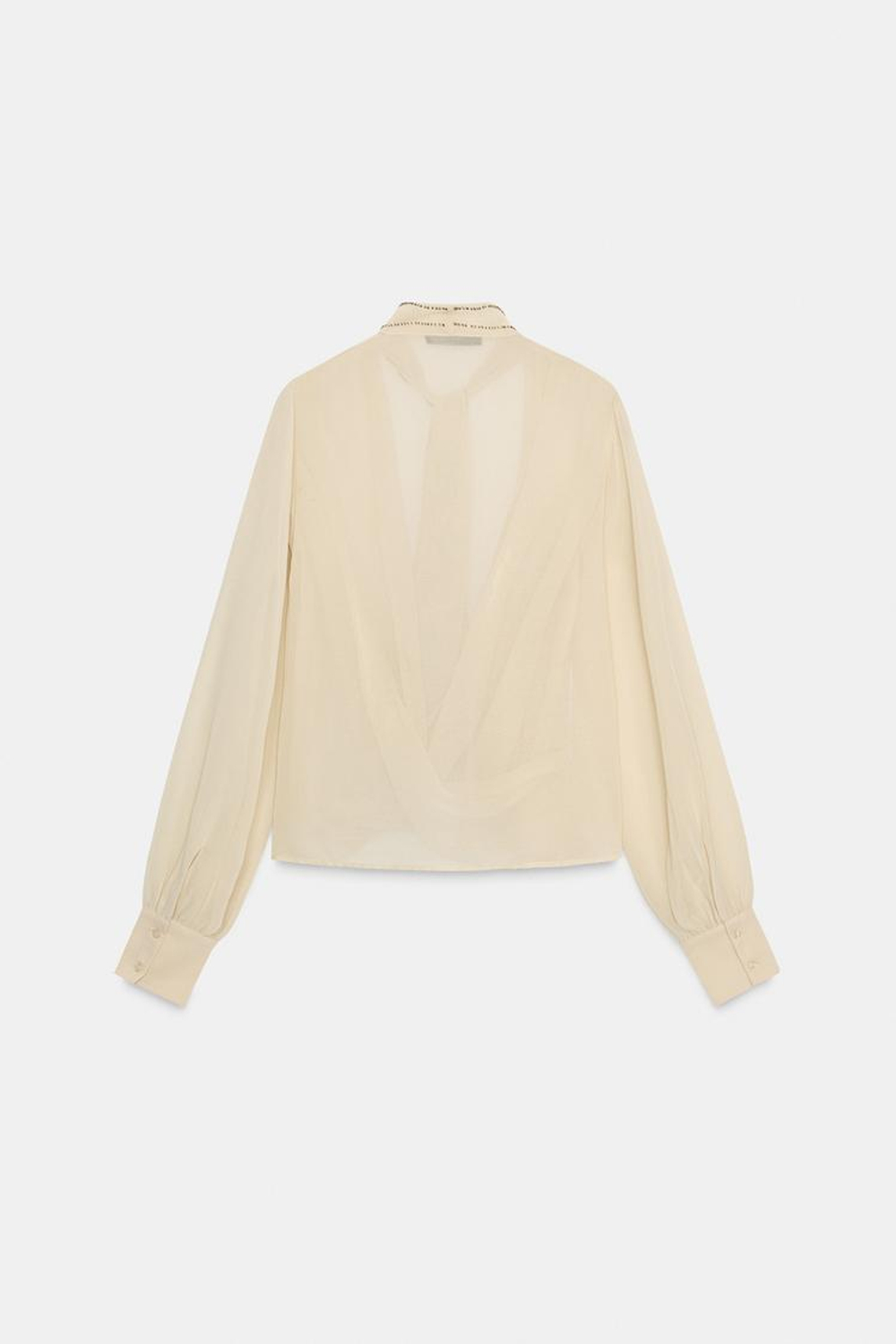 ZARA РУБАШКА ИЗ ЖОРЖЕТА С ФУЛЯРОМ И БУСИНАМИ, БЕЖЕВЫЙ