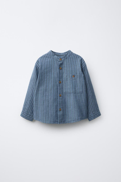 ZARA РУБАШКА В ПОЛОСКУ С ВОРОТНИКОМ-СТОЙКОЙ, СИНИЙ