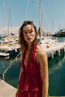 ZARA УКОРОЧЕННЫЙ ТОП ХАЛТЕР ИЗ ЛЬНА, ГРАНАТОВЫЙ