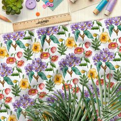 Ткань таффета нежные разноцветные цветы на бежевом фоне