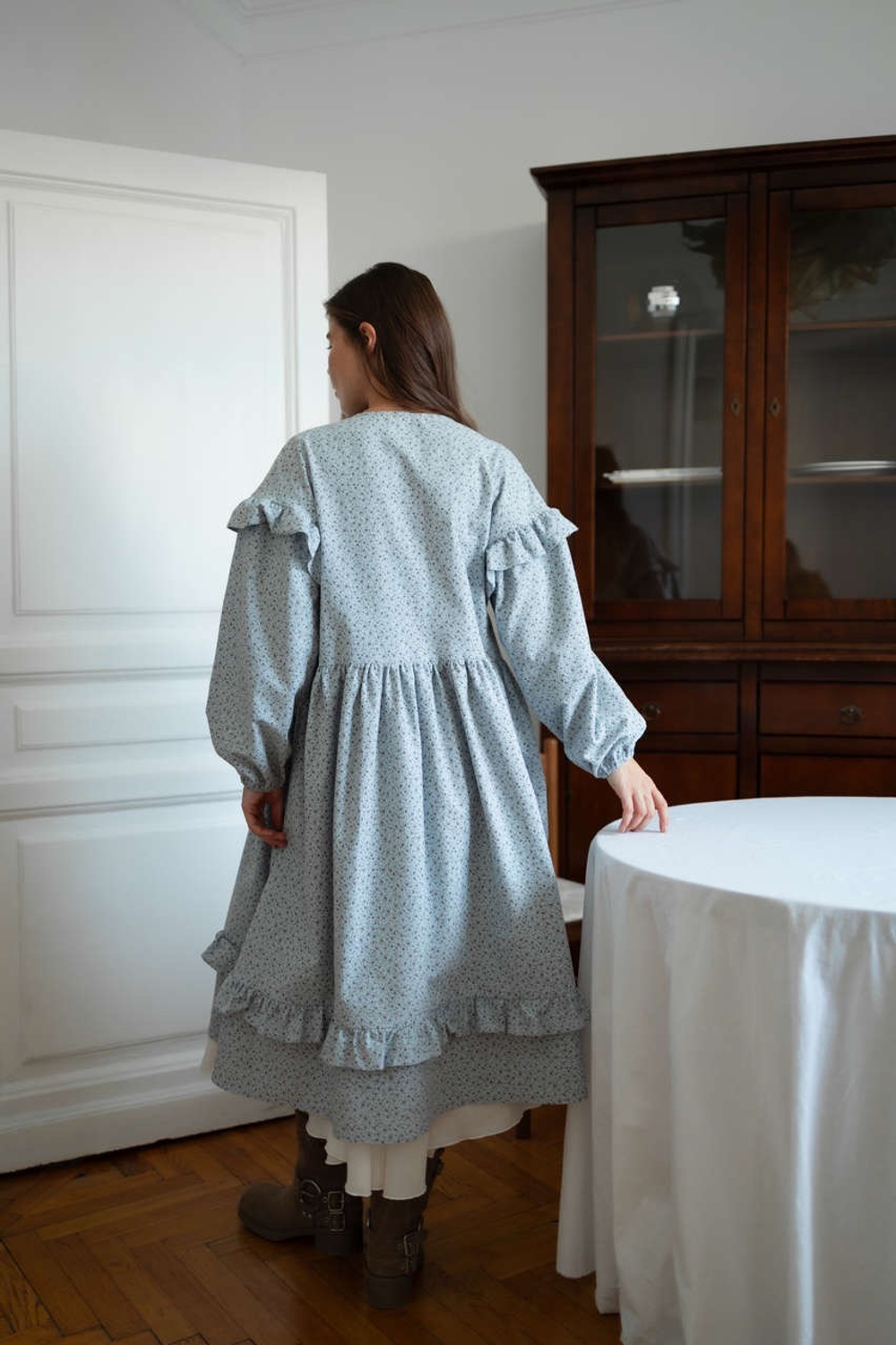 Платье Ася из фланели для беременных и кормящих мам, Серо-голубой с кофейными цветами