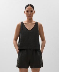 Oysho Топ из 100% льна с V-образным вырезом, антрацитовый