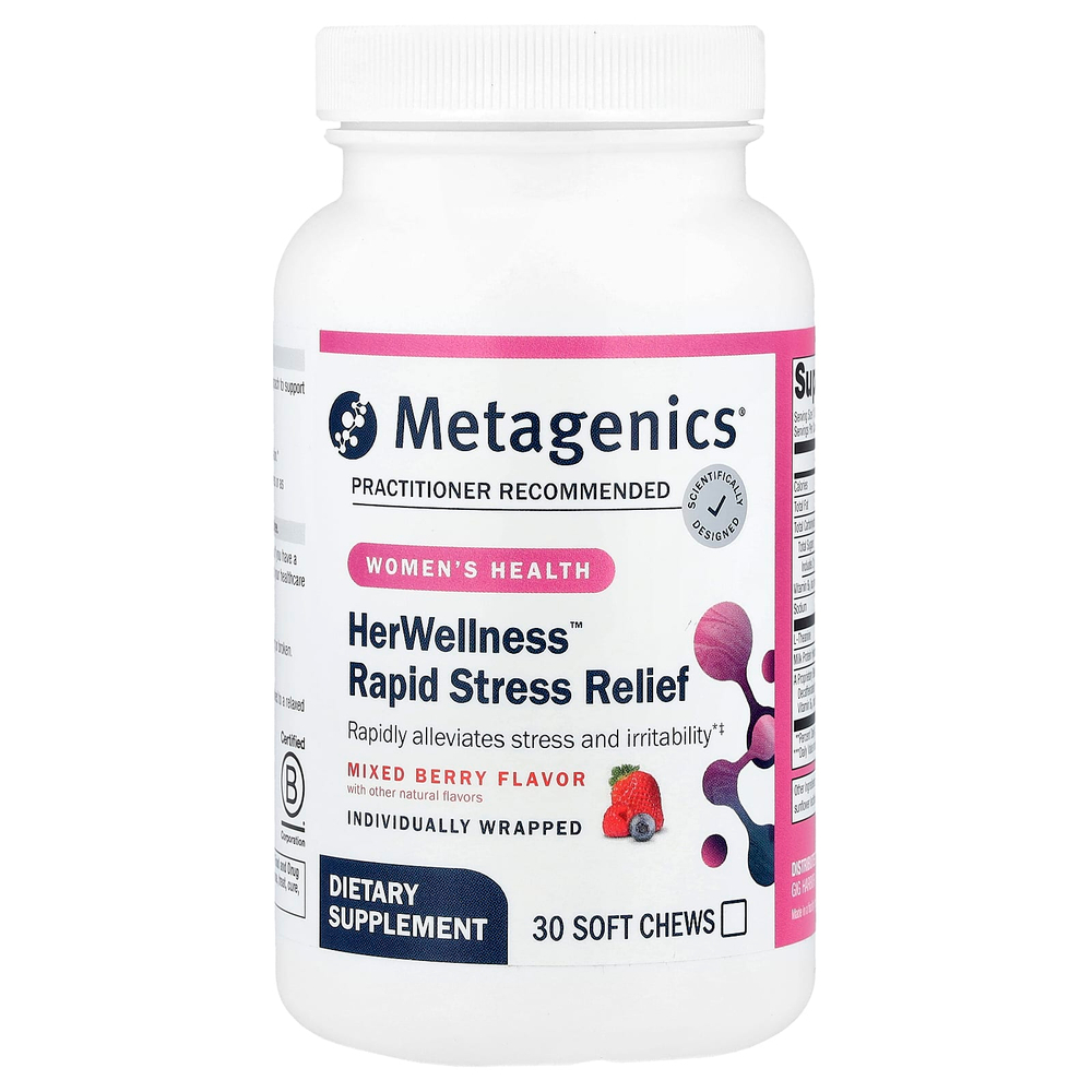 Metagenics, HerWellness™, средство для быстрого снятия стресса, со вкусом ягодного ассорти, 30 жевательных таблеток