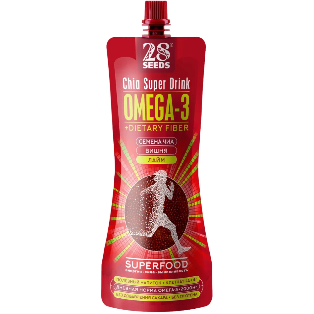 Напиток ЧИА ОМЕГА-3 «Вишня + Лайм» 250 мл 28SEEDS — вид спереди упаковки