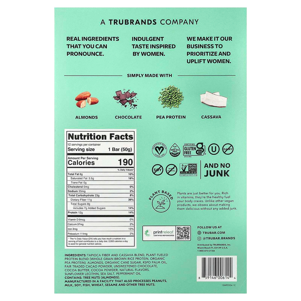 Trubar, протеиновый батончик на растительной основе, мятная крошка, 12 батончиков по 50 г (1,76 унции)