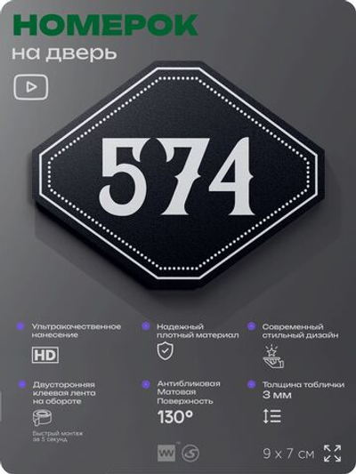 Номерок на дверь квартиры 574, для кабинета, офиса, шильдик 9 х 7 см, черный, Айдентика Технолоджи