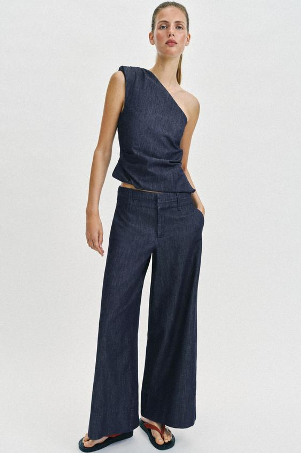 ZARA ШИРОКИЕ БРЮКИ ИЗ СМЕСОВОГО ЛЬНА, ИНДИГО