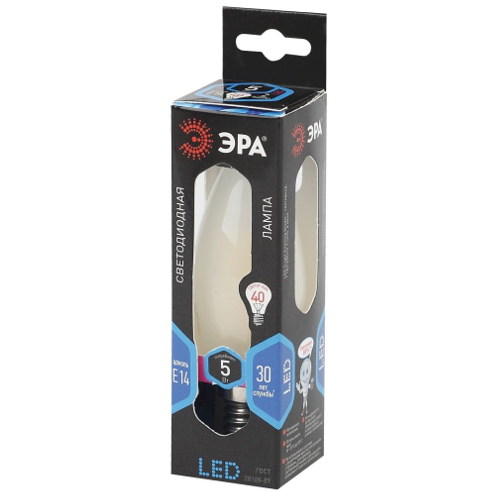 Лампа светодиодная ЭРА F-LED B35-5W-840-E14 frost Е14 / Е14 5Вт филамент свеча матовая нейтральный белый свет | Филаментные декоративные
