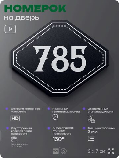 Номерок на дверь квартиры 785, для кабинета, офиса, шильдик 9 х 7 см, черный, Айдентика Технолоджи
