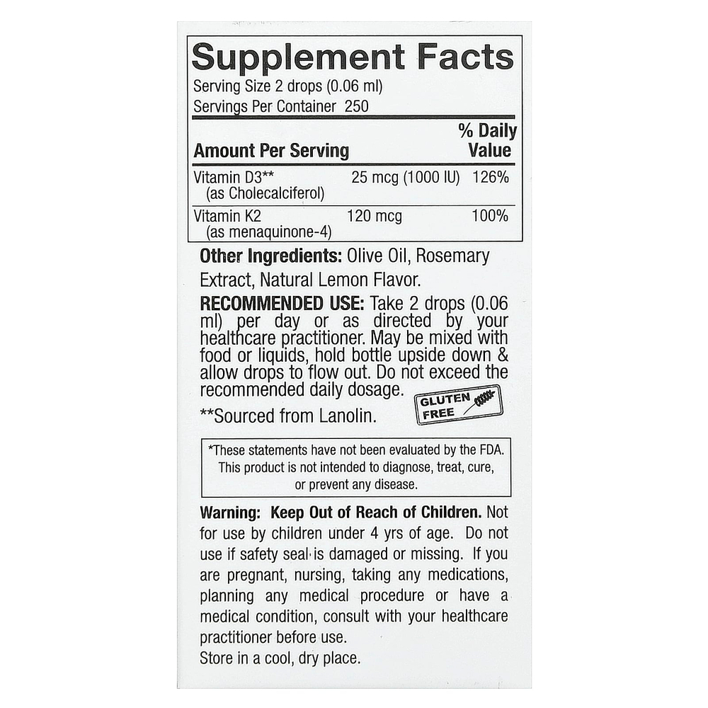 Nature's Answer, витамины D3 и K2, 25 мкг (1000 МЕ) и 120 мкг, 0,5 мл (120 жидк. унций)