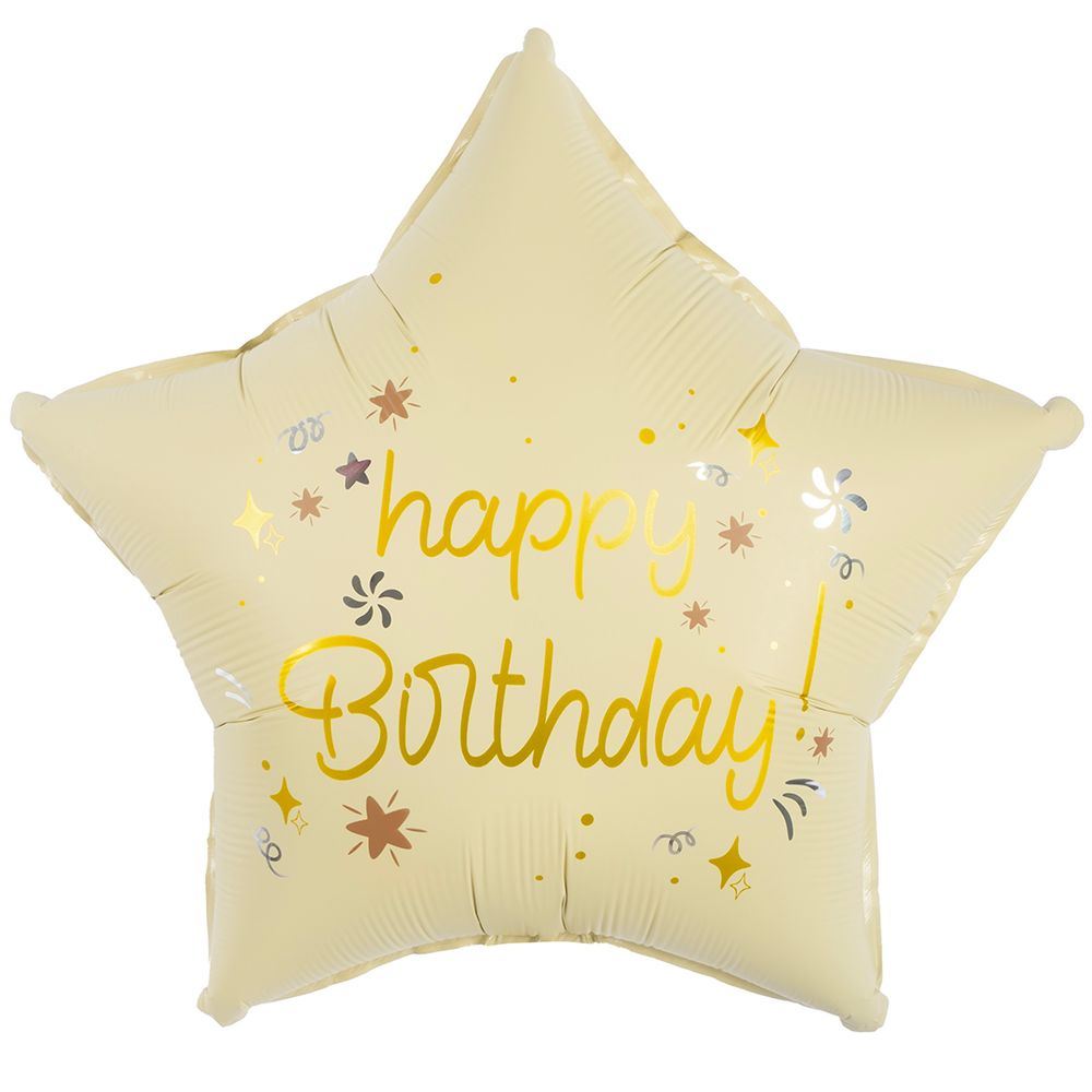 Шар (18''/46 см) Звезда, Happy Birthday (праздничные искры), Кремовый, Сатин, 1 шт. в уп.