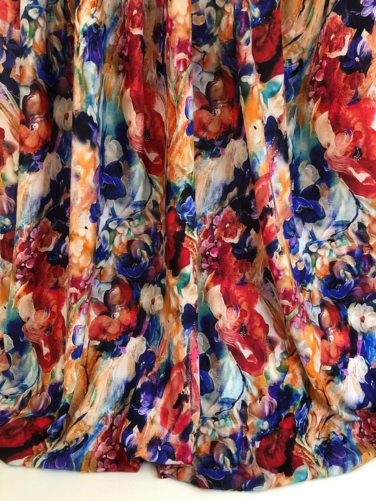 штапель принт акварель цветы красный/голубой/оранж