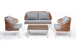 "Милан" лаунж-зона 4-местная плетеная из роупа (веревки), каркас алюминиевый светло-серый, роуп оранжевый меланж