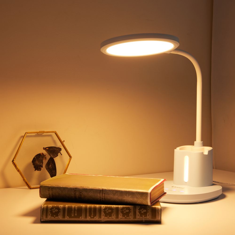 ULM-D150 15W-3000-6500K-DIM BLUE Светильник настольный светодиодный с подставкой под телефон и канцелярские принадлежности. С ночной подсветкой. Сенсорный выключатель. Диммер. Голубой. TM Uniel