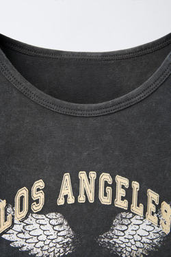 ZARA ФУТБОЛКА С ЭФФЕКТОМ ПОТЕРТОСТИ И ПРИНТОМ, ТЕМНЫЙ АНТРАЦИТ