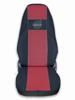 Чехлы VOLVO FH-12 до 2003 года: два высоких сиденья, ремни из сиденья (есть вырезы под ремень) (полиэфир, черный, красная вставка)