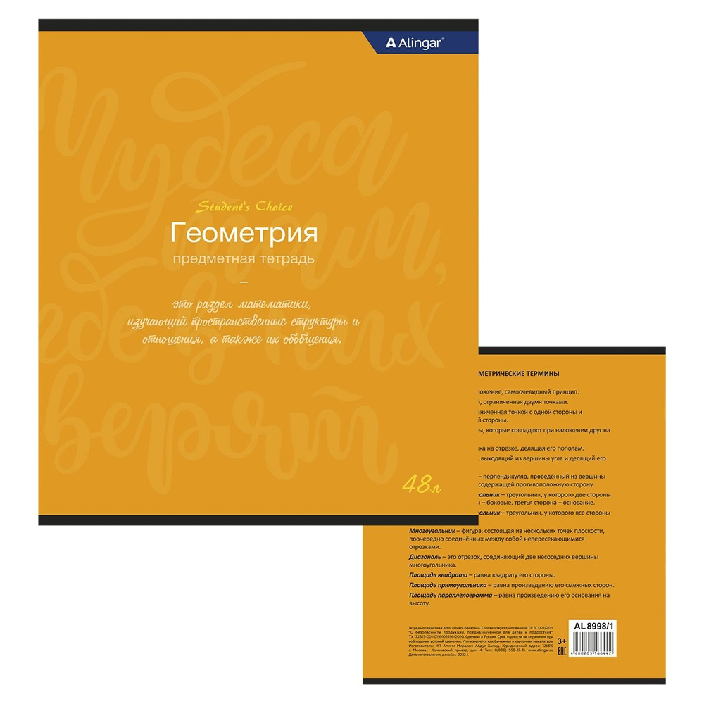 Тетрадь предметная "Геометрия" А5 48л., со справочным материалом, скрепка, мелованный картон (стандарт), блок офсет, Alingar "Student`s choice"