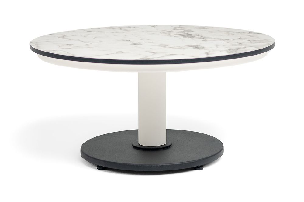 "Чили" интерьерный стол из HPL круглый Ø65 H32, каркас белый муар, цвет мрамор Каррара