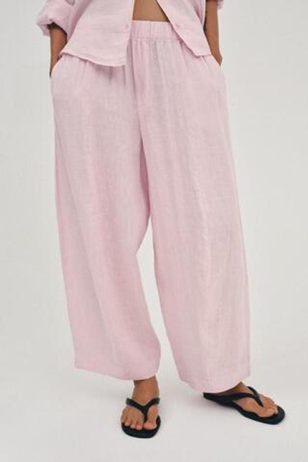 ZARA БРЮКИ BARREL ИЗ ЛЬНА — ZW COLLECTION, СВЕТЛАЯ МАЛЬВА