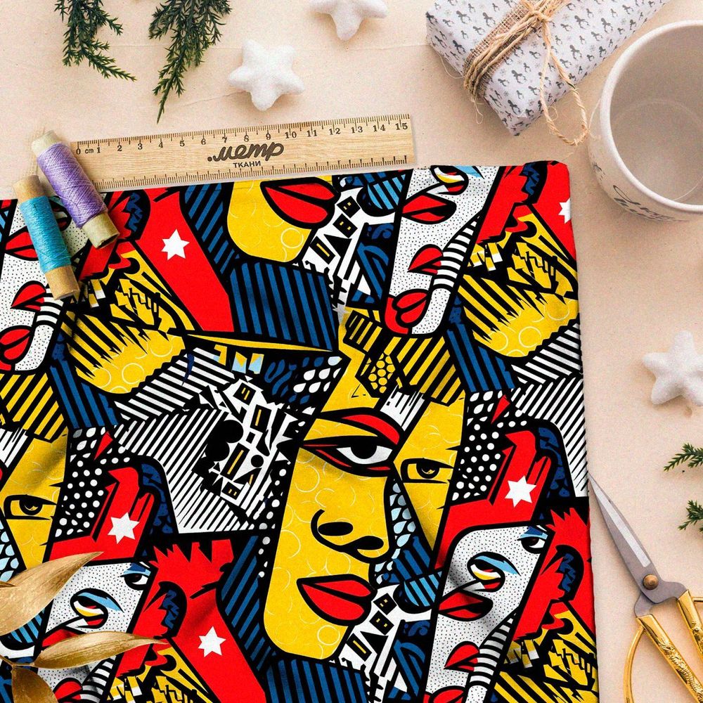 Ткань премиум сатин яркий фантазийный коллаж