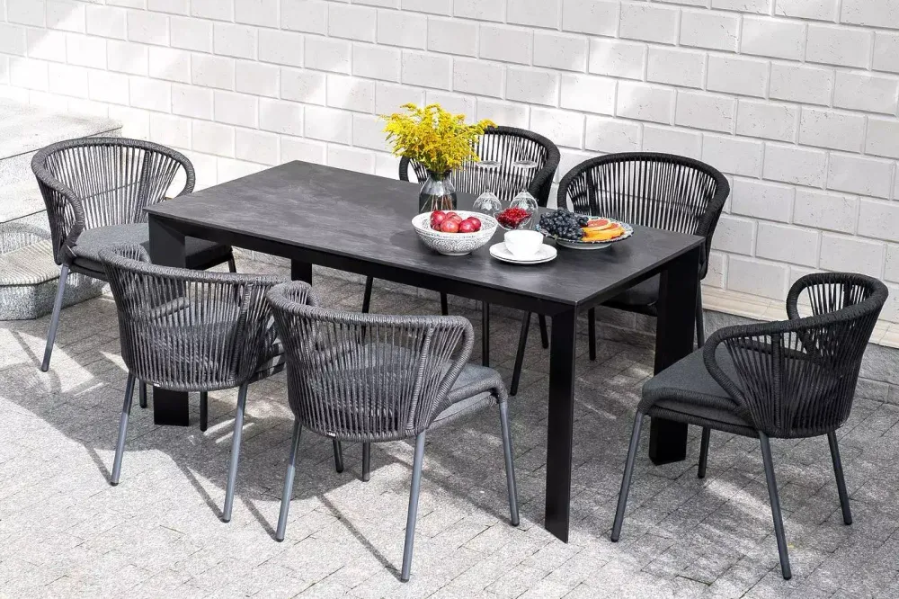 "Венето" обеденная группа на 6 персон со стульями "Милан", каркас темно-серый, роуп темно-серый