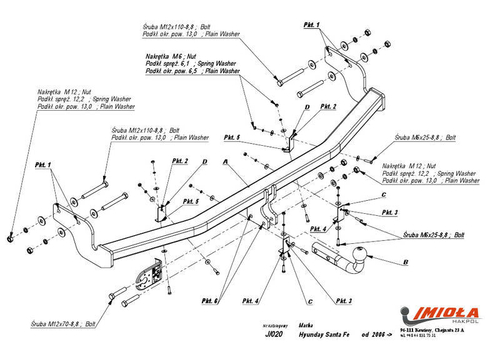 Фаркоп IMIOLA J.020 Hyundai Santa Fe 2006-2012(паспорт и сертификат в комплекте)(без электрики)
