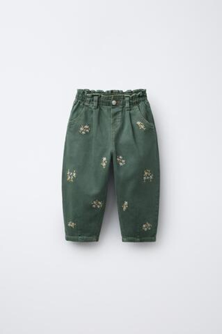 ZARA БРЮКИ BAGGY ИЗ САРЖИ С ВЫШИВКОЙ В ВИДЕ ЦВЕТОВ, ЗЕЛЕНЫЙ