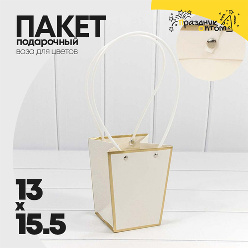 Пакет подарочный 15.5х13х9.5см Ваза для цветов с золотой рамкой (Белый)