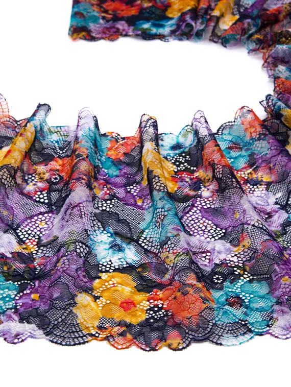 03-234 Кружево эластичное 22 см, garden, черный/фиолет/лиловый/голубой