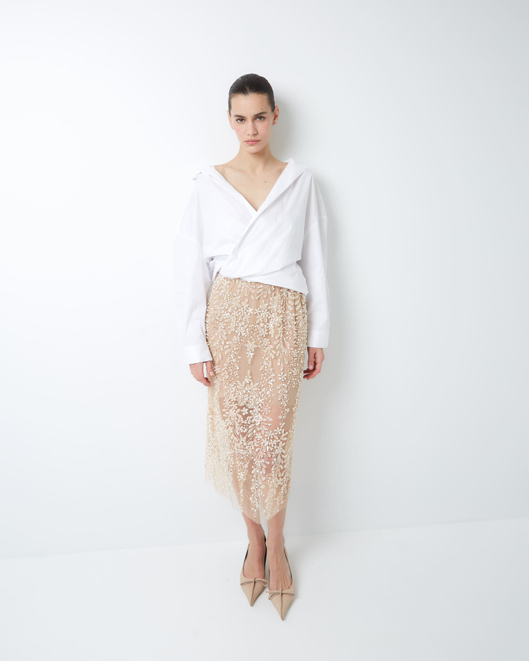 Юбка вышитая камнями и пайетками бежевый