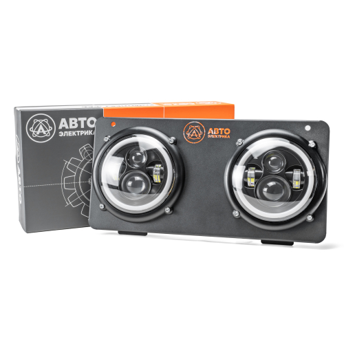 Комплект светодиодных фар (2 шт), МТЗ, 9-30 В (ближний/дальний свет, ДХО, поворотник, с рамкой крепления), круглая (ан. ФГ308)