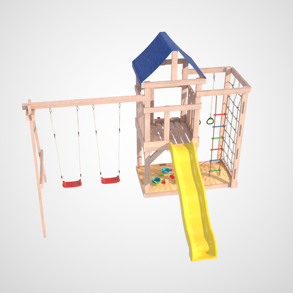 Детская площадка для улицы и дачи Fun Land неокрашенная с сеткой стенкой и качелями