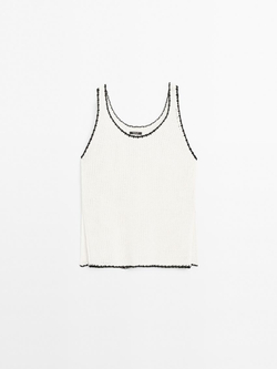 Massimo Dutti Топ из кружева кроше на бретелях из 100% хлопка, натуральный, кремовый