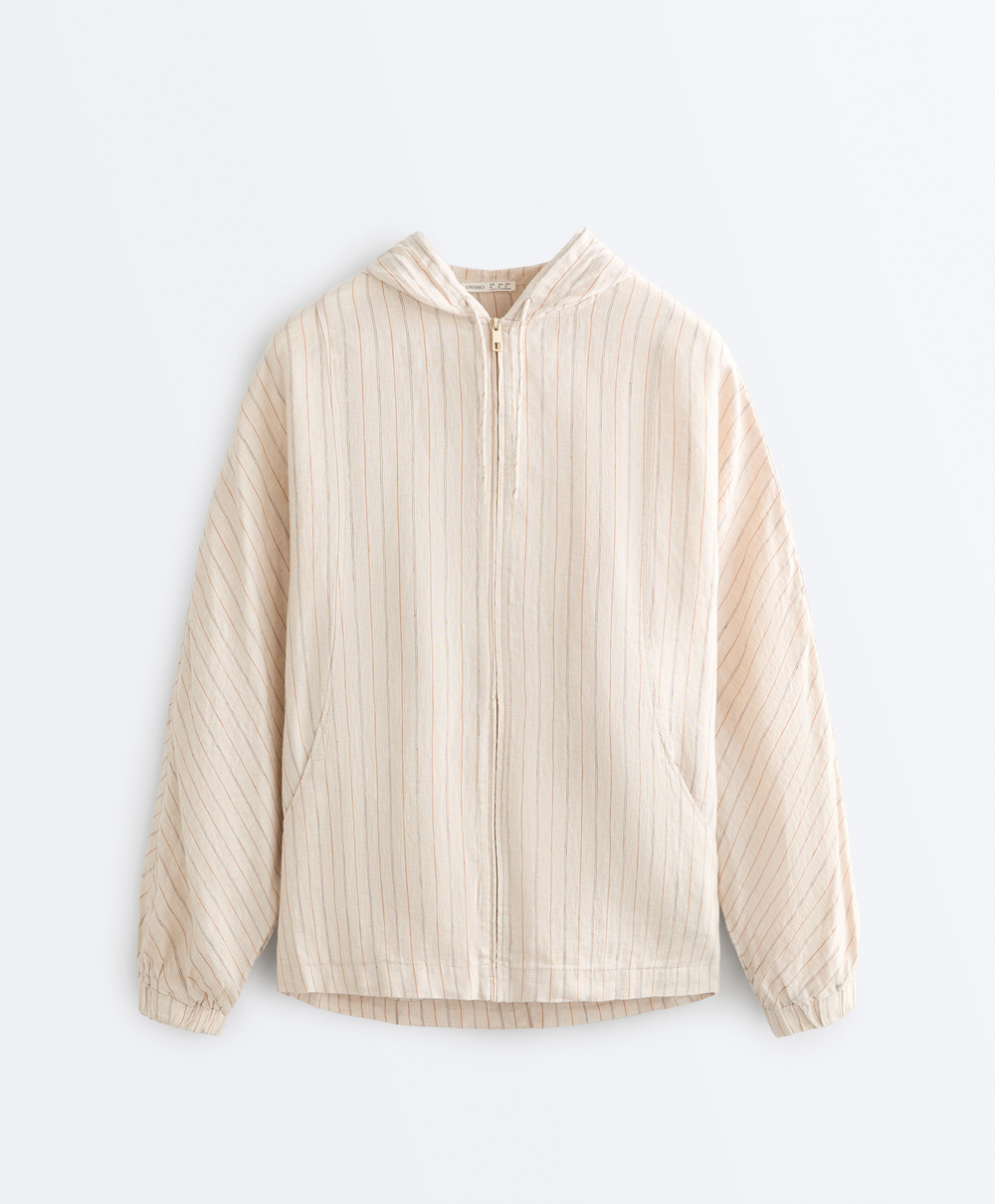 Oysho Куртка с капюшоном в полоску из 100% льна, песочный меланж