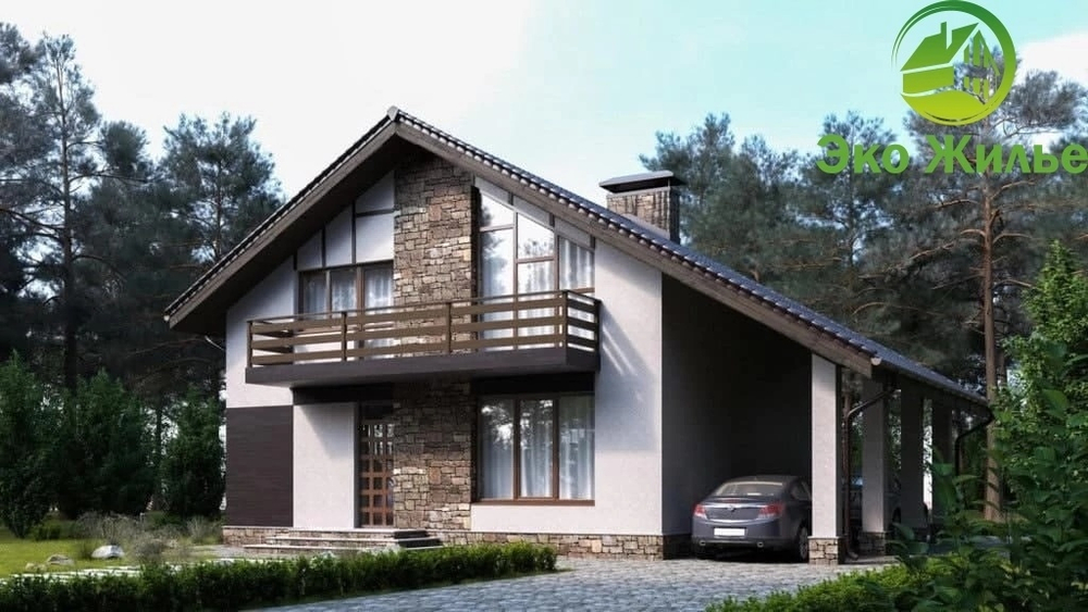 Двухэтажный Дом с навесом для машины 164 кв. м К-84