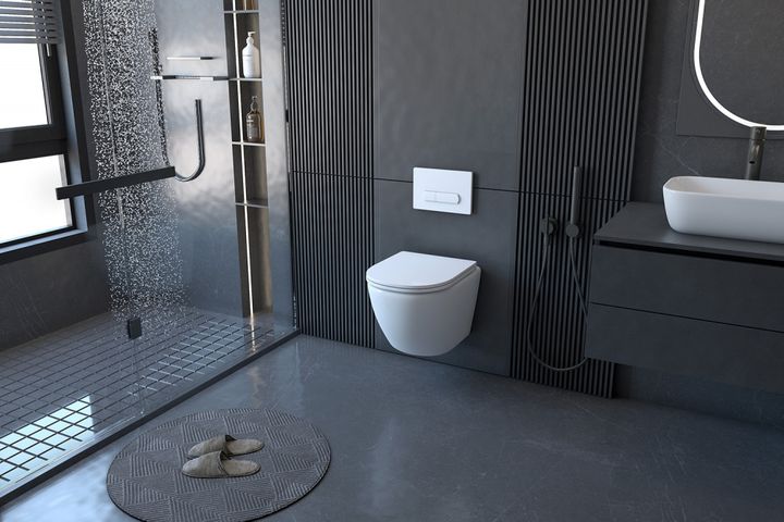 Комплект ABBER унитаз AC1100 белый с инсталляцией AC0105 и кнопкой AC0121 хром, биде AC1150 с инсталляцией AC0101P