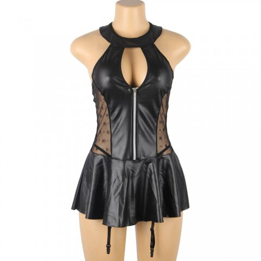 Кожаное платье со шнуровкой и юбкой-воланом Ohyeah +стринги, XL-2XL