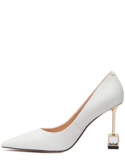 Женские кожаные белые туфли с авторским квадратным каблуком