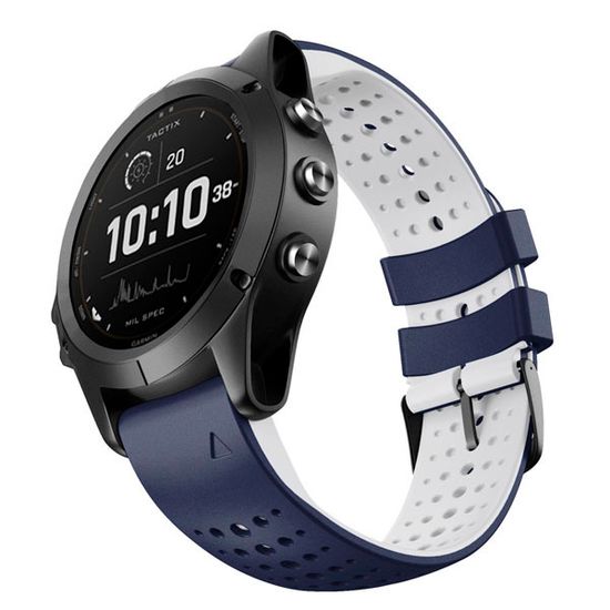 Ремешок дышащий Athlet 22 мм. для Garmin Fenix 7/6/5, EPIX 2, MARQ, Forerunner 935 / 945 / 955 / 965, instinct, instinct 2 двухцветный силиконовый быстросъемный (Синий/белый)