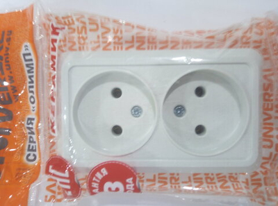 Розетка двухместная "UNIVersal" серия "Олимп" б/з, о/у, 16А, 220В, белая (еврослот)