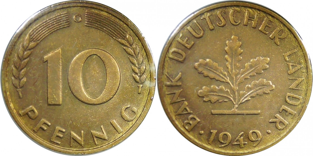 Германия 10 пфеннигов, 1949 Дубовые листья XF