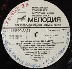 Винтажная виниловая пластинка LP Юрий Чичков, Михаил Пляцковский Не Бывает Любви Без Разлук (СССР 1989)