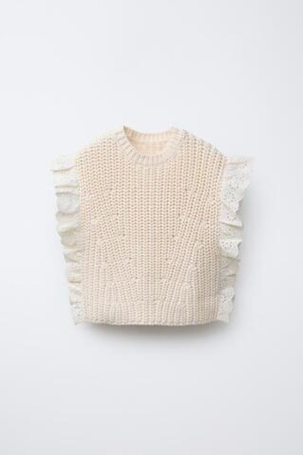 ZARA ТРИКОТАЖНЫЙ ЖИЛЕТ С КРУЖЕВОМ, ЭКРЮ